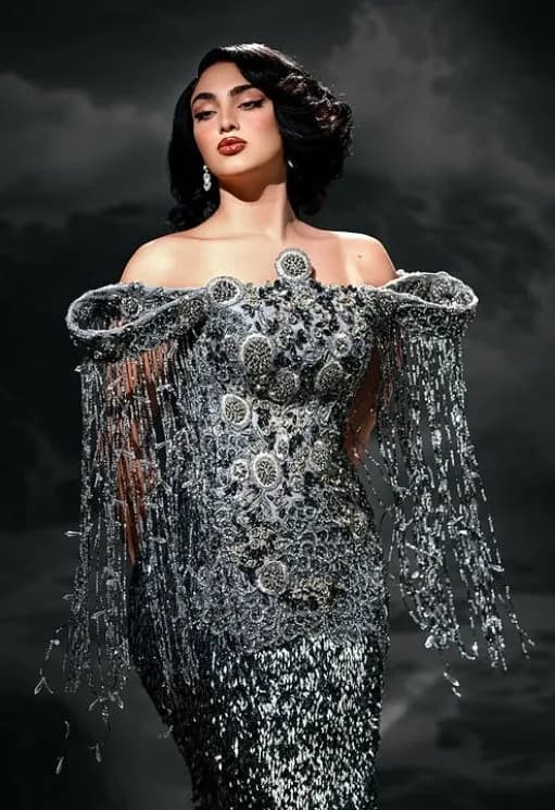 Silver Fringe Gown — Beaded medallions with crystal fringe, Glam Couture by GlamGirl by Sefiya