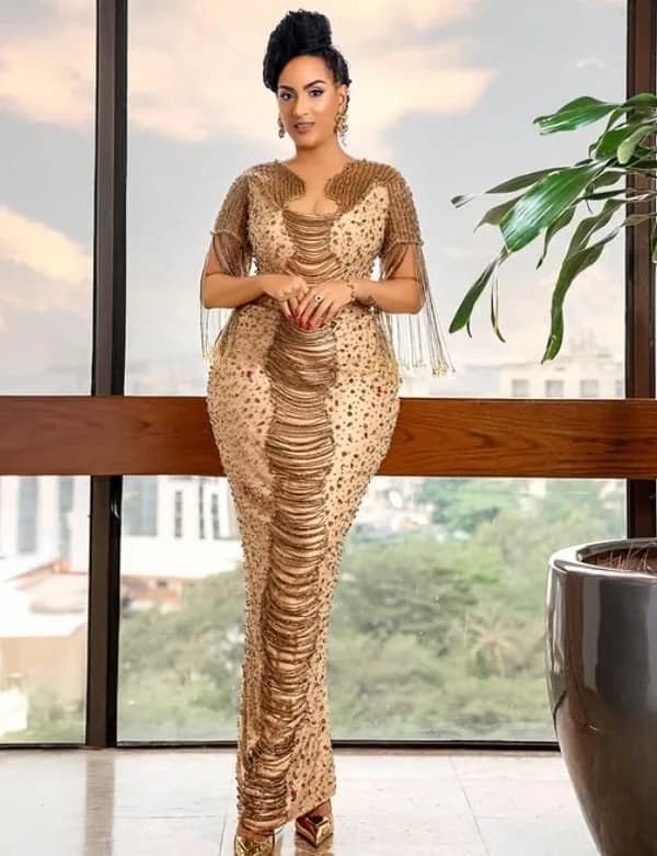 Gold Fringe Column — Crystal-studded mesh with gold chain fringe, Ready to wear by GlamGirl by Sefiya