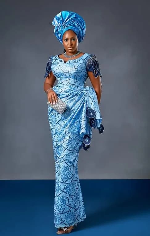 Azure Lace Ensemble — Corded lace with a beaded rosette drape, Ready to wear by GlamGirl by Sefiya
